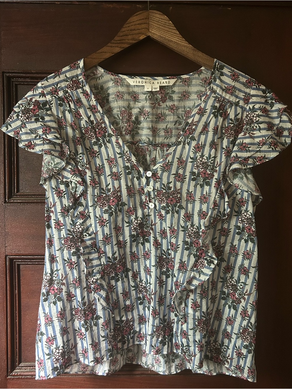 Veronica Beard Joi Flutter Sleeve Blouse Size 6 Floral Stripe Ruffle Designer - Picture 6 of 10